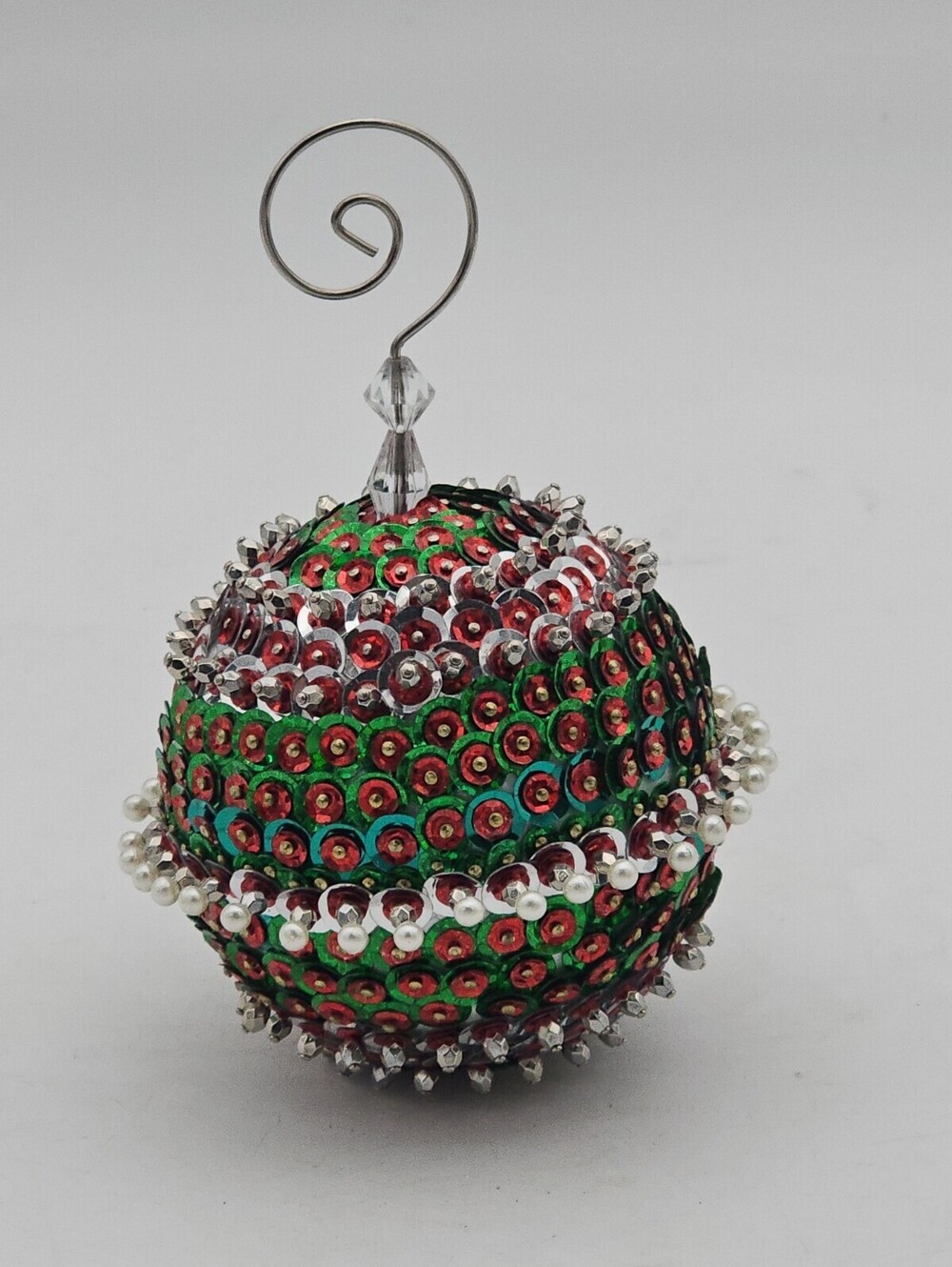 Vintage Handmade Push Pin Bead Seq Christ. Orna. Red Green 3" Rare Hand Ma Cust